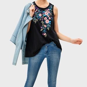 Sundance Embroided Floral Top Small Black Criss Cross Back Sleeveless Boho